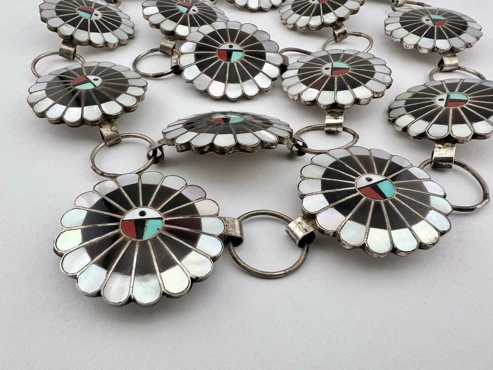 VINTAGE ZUNI STERLING SILVER FLUSH MULTI GEMSTONES SUNFACE CONCHO BELT 35": VINTAGE ZUNI STERLING SILVER FLUSH MULTI GEMSTONES SUNFACE CONCHO BELT 35" Vintage Zuni Sterling Silver Flush Multi Gemstones Sunface Concho Belt 35" Belt Size: 35" - Tip To Tip Buckle & Concho Size: 