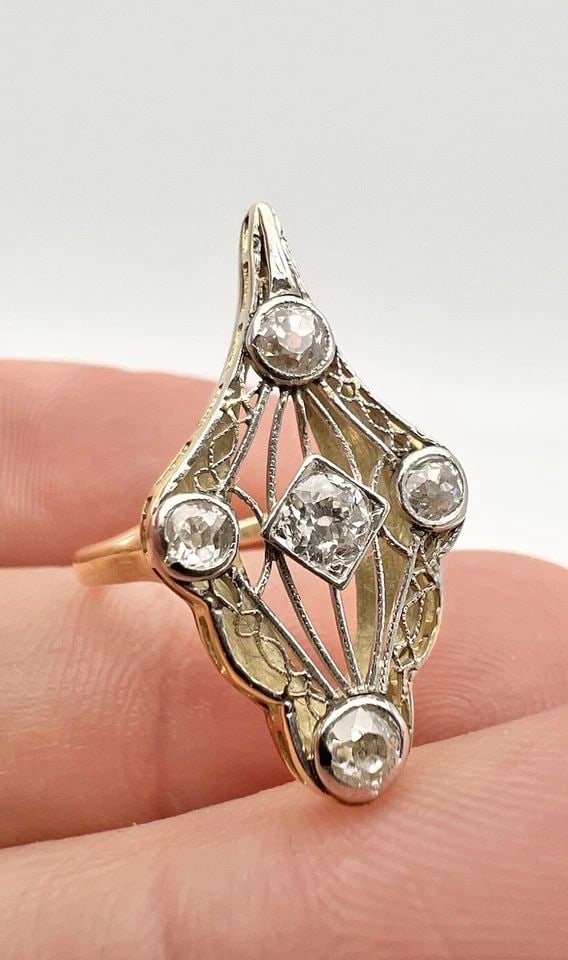 ART DECO 14K YELLOW GOLD PLATINUM TOP .50TCW EUROPEAN CUT DIAMOND FILIGREE RING: ART DECO 14K YELLOW GOLD PLATINUM TOP .50TCW EUROPEAN CUT DIAMOND FILIGREE RING Antique Art Deco 14K Yellow Gold Platinum Top .50tcw European Cut Diamond Filigree Ring Size: 3.75- Can Be Sized To Any 