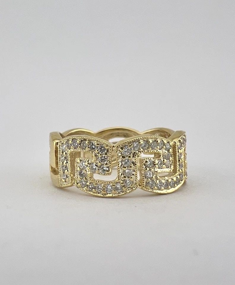 DESIGNER 18K YELLOW GOLD PAVE SET DIAMOND GREEK KEY HALF BAND RING: DESIGNER 18K YELLOW GOLD PAVE SET DIAMOND GREEK KEY HALF BAND RING Designer 18k Yellow Gold Pave Set Diamond Greek Key Half Band Ring Ring Size: 6.25 - Can Be Resized Metal: 18k Yellow Gold - Hallmark