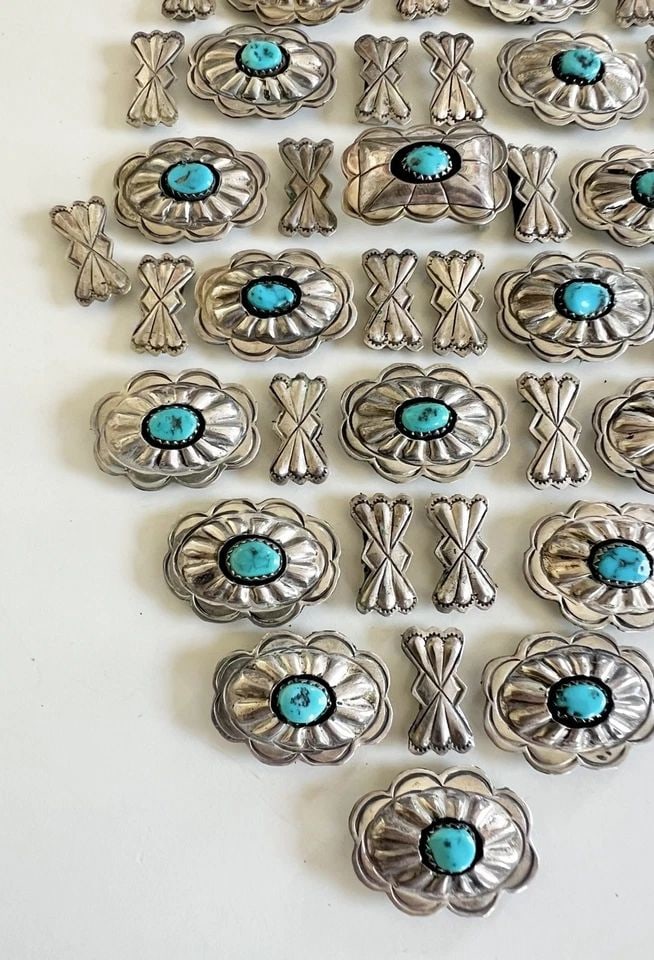 VTG NAVAJO STERLING SILVER TURQUOISE STAMPED SHADOWBOX 40 WOMEN'S CONCHO BELT: VTG NAVAJO STERLING SILVER TURQUOISE STAMPED SHADOWBOX 40 WOMEN'S CONCHO BELT Vtg Navajo Sterling Silver Sleeping Beady Turquoise Stamped Shadowbox 40 Women's Concho Belt Buckle Size: 1 1/8" Wide by 3