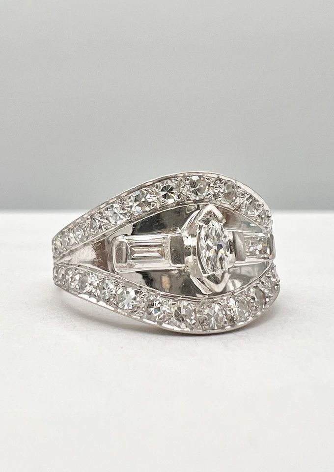 ANTIQUE ART DECO 14K WHITE GOLD MARQUISE & BAGUETTE & ROUND DIAMOND RING: ANTIQUE ART DECO 14K WHITE GOLD MARQUISE & BAGUETTE & ROUND DIAMOND RING Antique Art Deco 14K White Gold Marquise & Baguette & Round Diamond Ring 7.7g Ring Size: 8.5 - By Face of The Ring is 12mm (1/2