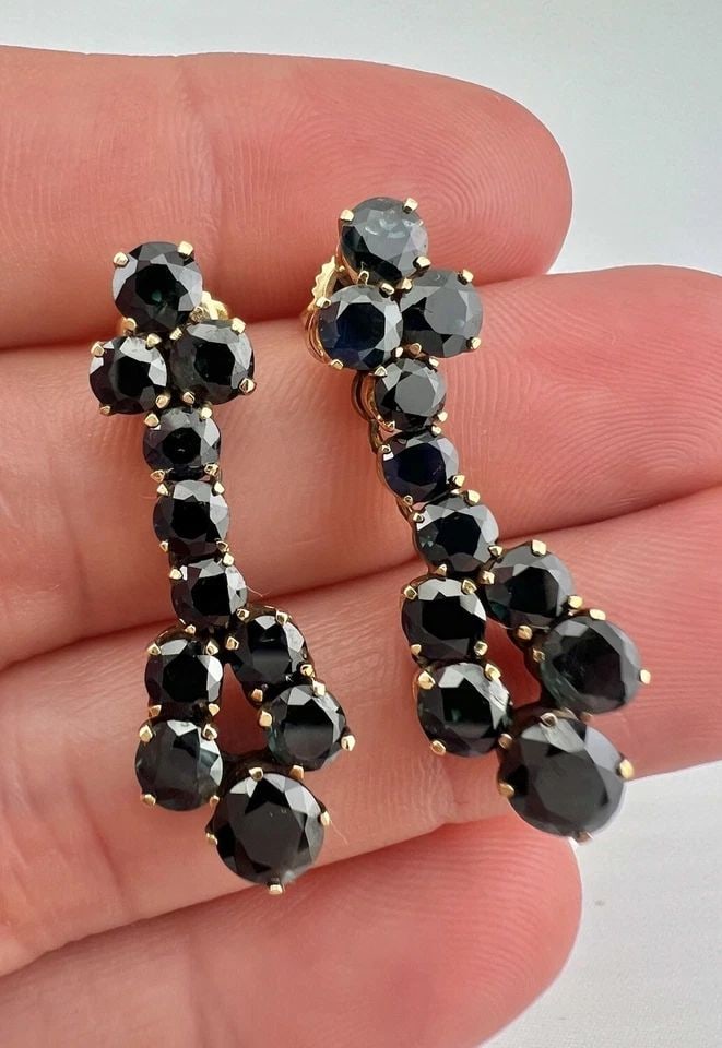 ANTIQUE 14K YELLOW GOLD BLUE SAPPHIRE DANGLE POST EARRINGS (1 of 2)