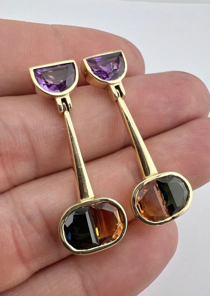 DESIGNER MODERNIST 14K YELLOW GOLD MULTI GEMSTONE DANGLE POST STUD EARRINGS 7.2G: DESIGNER MODERNIST 14K YELLOW GOLD MULTI GEMSTONE DANGLE POST STUD EARRINGS 7.2G Designer Modernist 14k Yellow Gold Multi Gemstone Dangle Post Stud Earrings 7.2g Size: 1 1/2" Tall by 1/2" Wide at The 