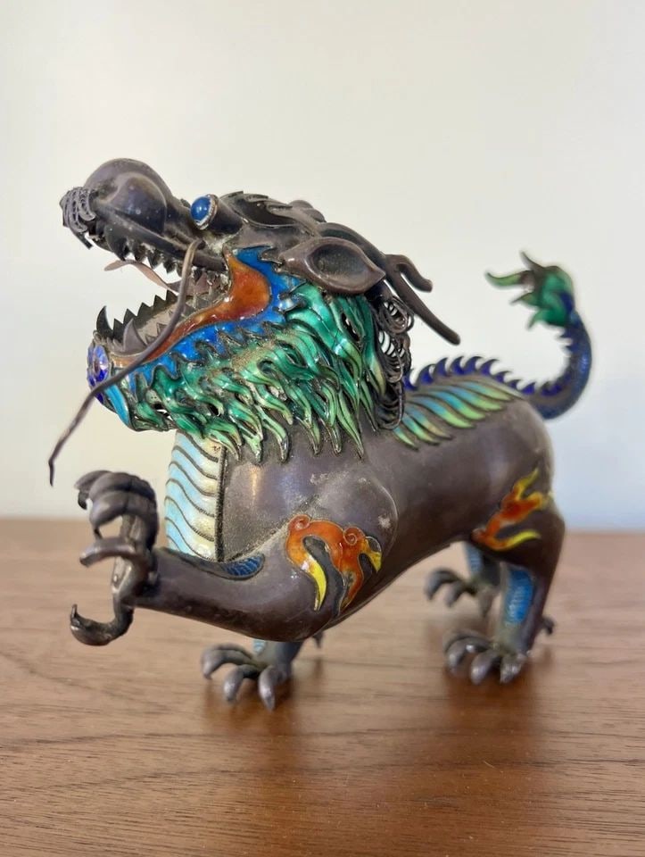 ANTIQUE CHINESE CLOISONNÉ ENAMEL SILVER & LAPIS DRAGON FIGURINE STATUE 243.5G (1 of 2)