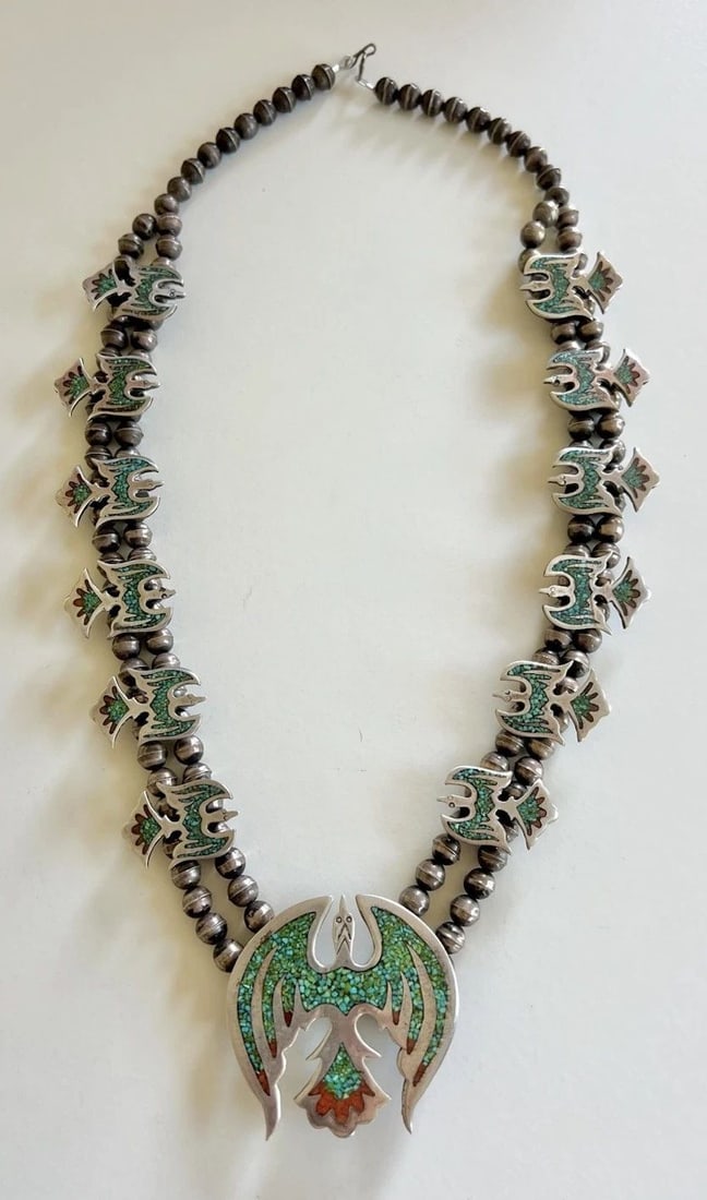 NAVAJO STERLING SILVER CHIP TURQUOISE PEYOTE BIRD SQUASH BLOSSOM NECKLACE 197.6G (1 of 2)