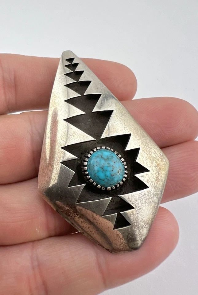 VINTAGE HOPI ROBERT LOMADAPKI LONE MOUNTAIN TURQUOISE STERLING SILVER PENDANT: VINTAGE HOPI ROBERT LOMADAPKI LONE MOUNTAIN TURQUOISE STERLING SILVER PENDANT Vintage Hopi Robert Lomadapki Lone Mountain Turquoise Sterling Silver Pendant Size: Over 2 1/4" Tall by 1 1/2" Wide Weight
