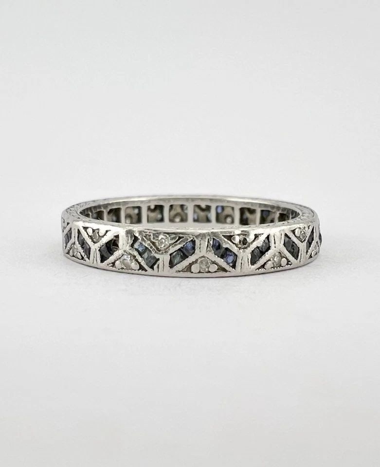 ART DECO 1920'S PLATINUM OLD CUT DIAMOND & SAPPHIRE ETERNITY WEDDING BAND RING: ART DECO 1920'S PLATINUM OLD CUT DIAMOND & SAPPHIRE ETERNITY WEDDING BAND RING Art Deco 1920's Platinum Old Cut Diamond & Sapphire Eternity Wedding Band Ring Ring Size is - 6 Weight is 3.1 Grams on my
