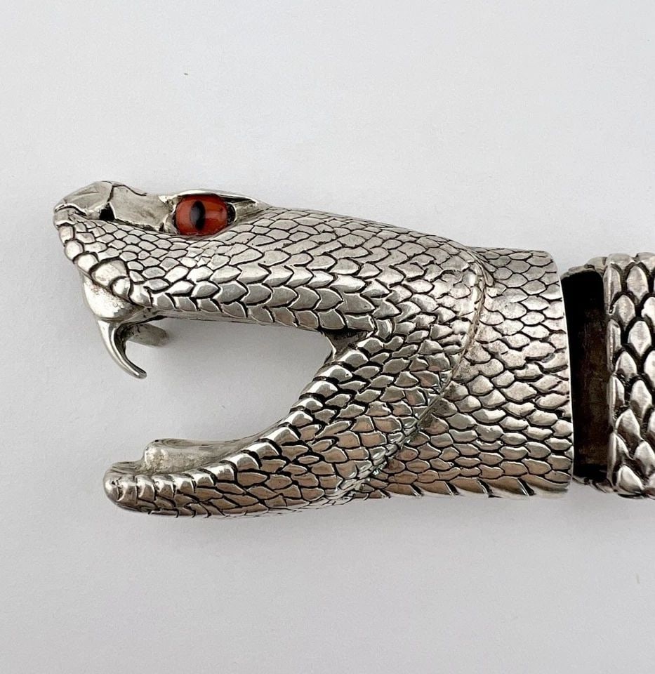 RARE VTG STERLING SILVER RATTLE SNAKE HEAD GLASS EYE 4 PIECE RANGER BELT BUCKLE (1 of 2)