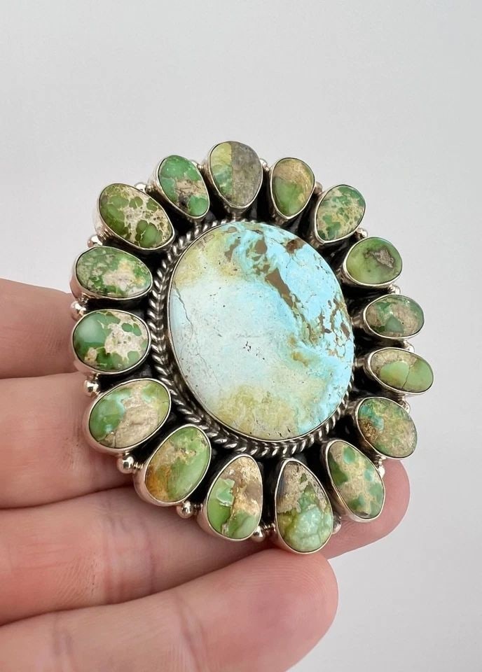 HUGE 53.5G LUCINDA LINKIN NAVAJO HIGH GRADE SONORAN GOLD TURQUOISE CLUSTER RING: HUGE 53.5g Lucinda Linkin Navajo High Grade Sonoran Gold Turquoise Cluster Ring Ring Size: 9.5 - Can Be Re Sized Weight is 53.5 Grams on my scale Metal: Sterling Silver Ring is Over 2 1/2" Tall In the