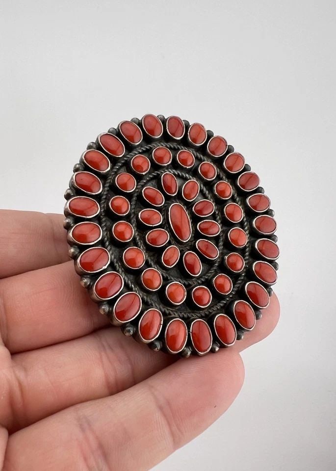 HUGE 2.5" ANTHONY SKEETS NAVAJO STERLING SILVER RED CORAL CLUSTER OVAL RING: Massive HUGE 2.5" Anthony Skeets Navajo Sterling Silver Red Coral Cluster Oval Ring Ring Size: 9 - Can Be Resized Weight is 41.1 Grams on my scale Metal: Sterling Silver Face of The Ring is 2 1/2" Tal
