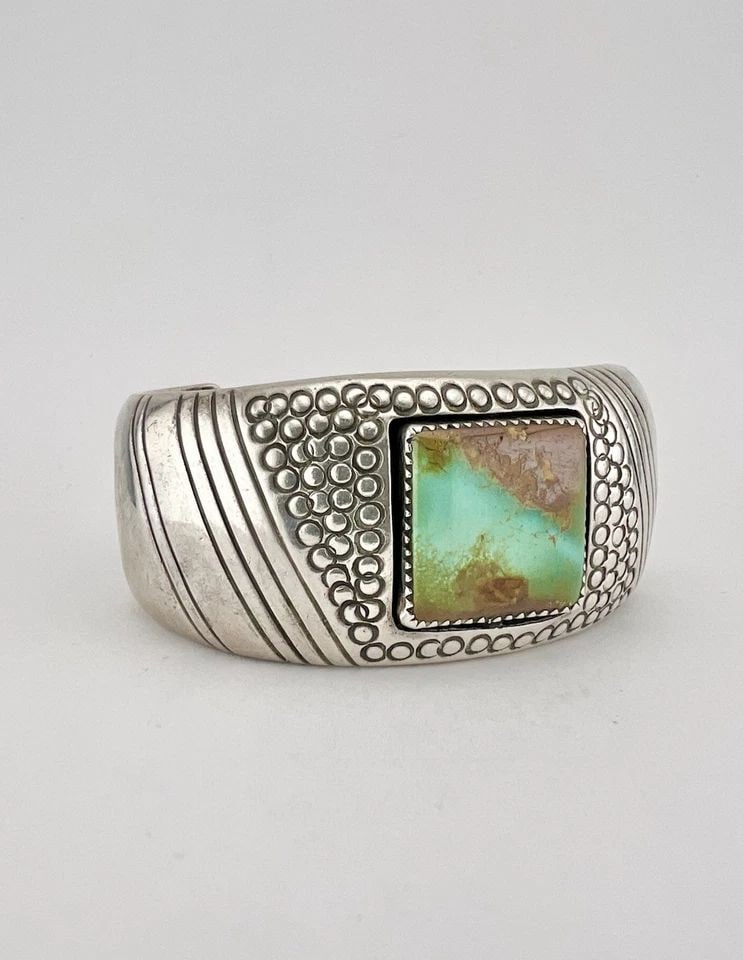 ORVILLE TSINNIE NAVAJO NEW MEXICO ROYSTON TURQUOISE STAMED CUFF BRACELET 70.5G: ORVILLE TSINNIE NAVAJO NEW MEXICO ROYSTON TURQUOISE STAMED CUFF BRACELET 70.5G Magnificent Orville Tsinnie Navajo New Mexico Royston Turquoise Stamed Cuff Bracelet 70.5g Cuff is Just Over 5 1/4" tip t