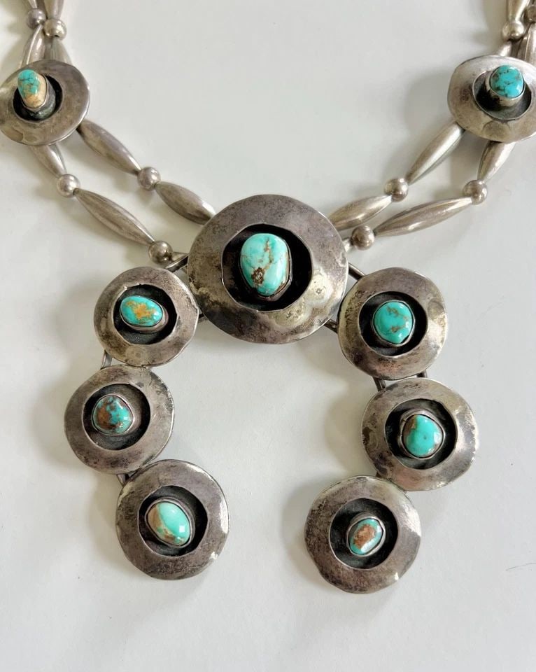 VTG NAVAJO STERLING SILVER ROYSTON TURQUOISE SHADOWBOX SQUASH BLOSSOM NECKLACE: Vtg Navajo Sterling Silver Royston Turquoise Shadowbox Squash Blossom Necklace 23" This Amazing necklace features huge specimens of Natural High Grade Royston Turquoise, secure in a Smooth bezel. Neck