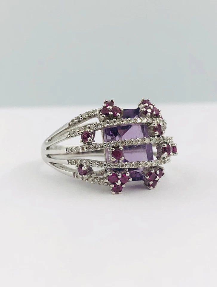 DESIGNER 14K WHITE GOLD NATURAL AMETHYST & PINK SAPPHIRE & DIAMOND CLUSTER RING (1 of 2)