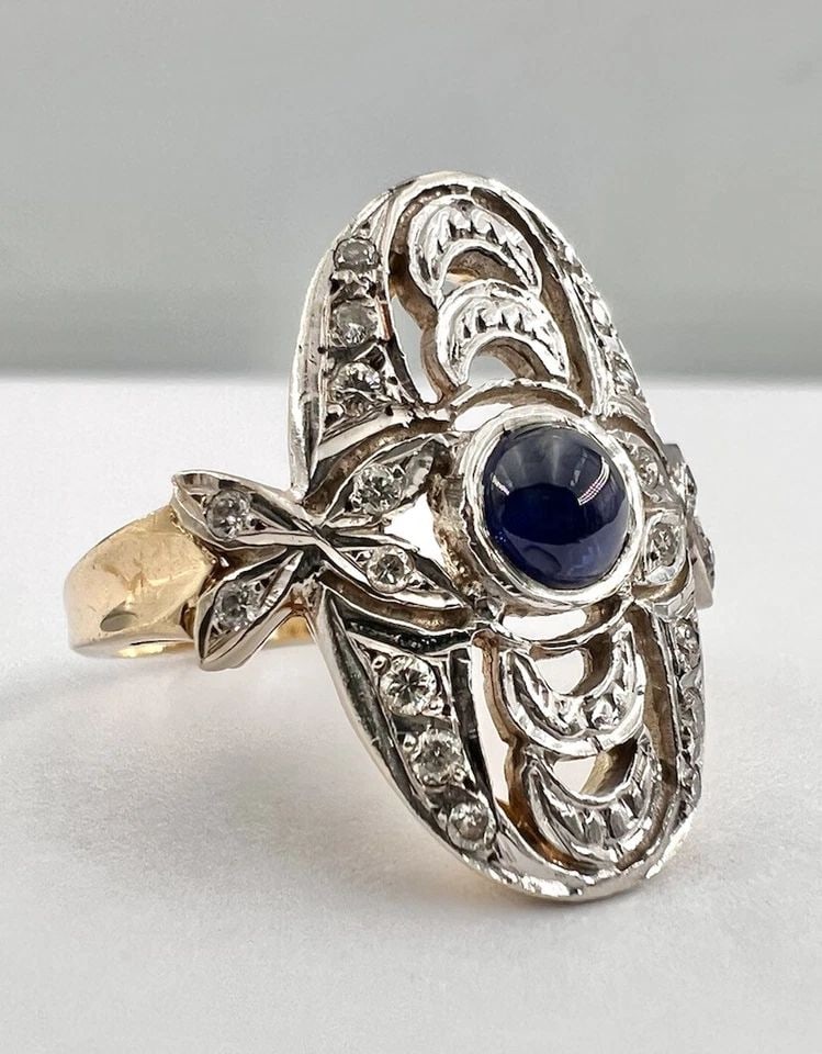 ANTIQUE VICTORIAN 14K GOLD CABOCHON SAPPHIRE & DIAMOND FILIGREE RING: Antique Victorian 14K Gold Cabochon Sapphire & Diamond Filigree Ring Size: 7.5 Weight is 5.5 Grams on my scale Metal: 14k Yellow and white Gold Top - Tested And Confirmed Amazing Old Cut Cabochon Blue