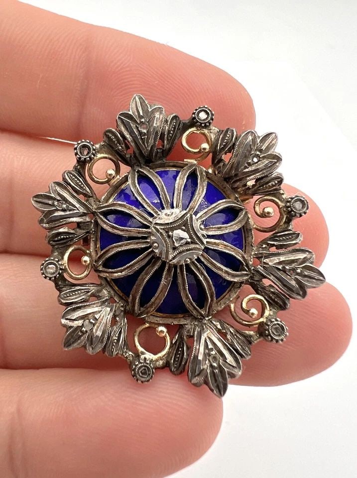 GEORGIAN 18K GOLD & SILVER ROSE CUT DIAMOND BLUE ENAMEL FLORAL BROOCH PENDANT: GEORGIAN 18K GOLD & SILVER ROSE CUT DIAMOND BLUE ENAMEL FLORAL BROOCH PENDANT Georgian 18K Gold & Silver Rose Cut Diamond Blue Enamel Floral Brooch Pendant Size: 1 3/8" Wide & Tall By Metal: 18k Yello
