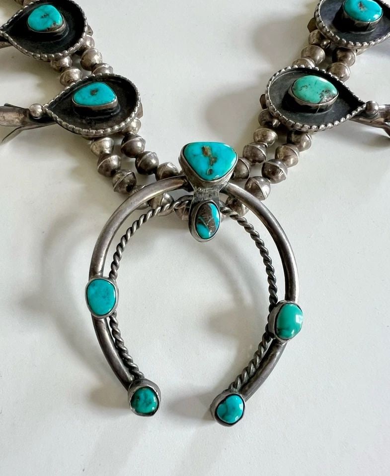 OLD PAWN NAVAJO STERLING SILVER BLUE GEM TURQUOISE SQUASH BLOSSOM NECKLACE 27": OLD Pawn Navajo Sterling Silver Blue Gem Turquoise Squash Blossom Necklace 27" This Amazing necklace features huge specimens of Blue Gem Turquoise, secure in a Smooth bezel. Necklace has 6mm Wide Hand