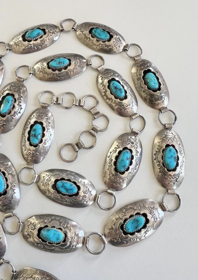 VTG NAVAJO STERLING SILVER SLEEPING BEAUTY TURQUOISE SHADOWBOX CONCHO BELT 39.5": Vtg Navajo Sterling Silver Sleeping Beauty Turquoise Shadowbox Concho Belt 39.5" Belt Size: 39.5" - Tip To Tip - Adjustable In Size Buckle / Concho Size: 1 5/8" Wide By 7/8" Tall Metal: Sterling Silve