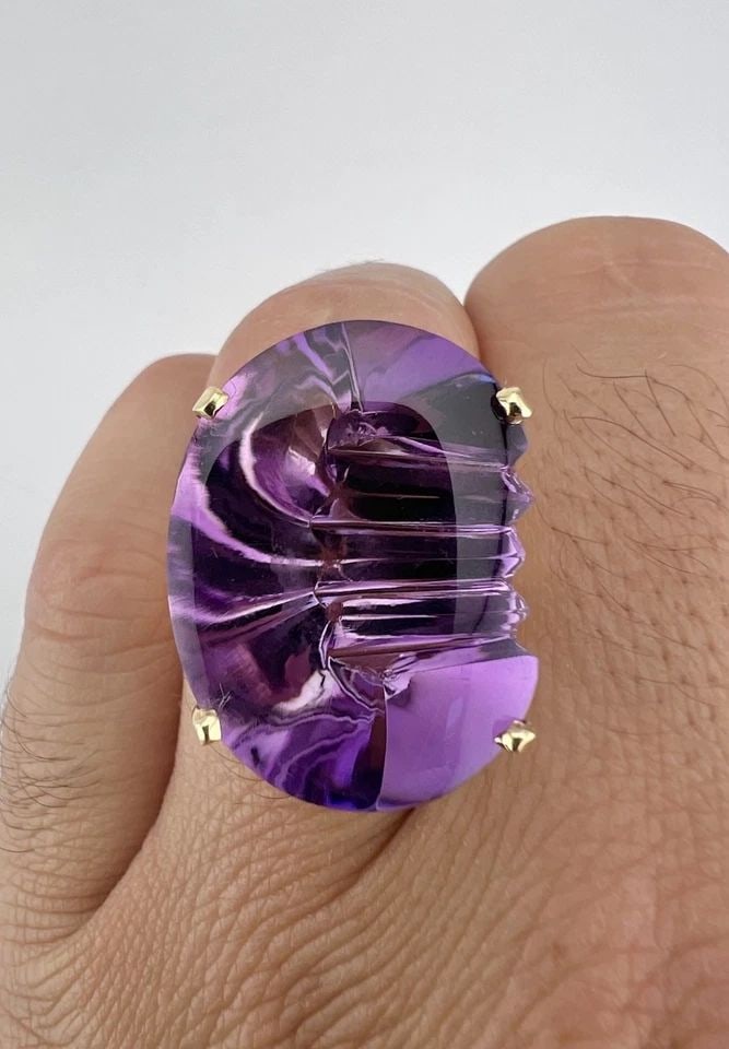 DESIGNER 14K YELLOW GOLD NATURAL FANCY CUT CARVED CABOCHON AMETHYST RING 11.6G (1 of 2)