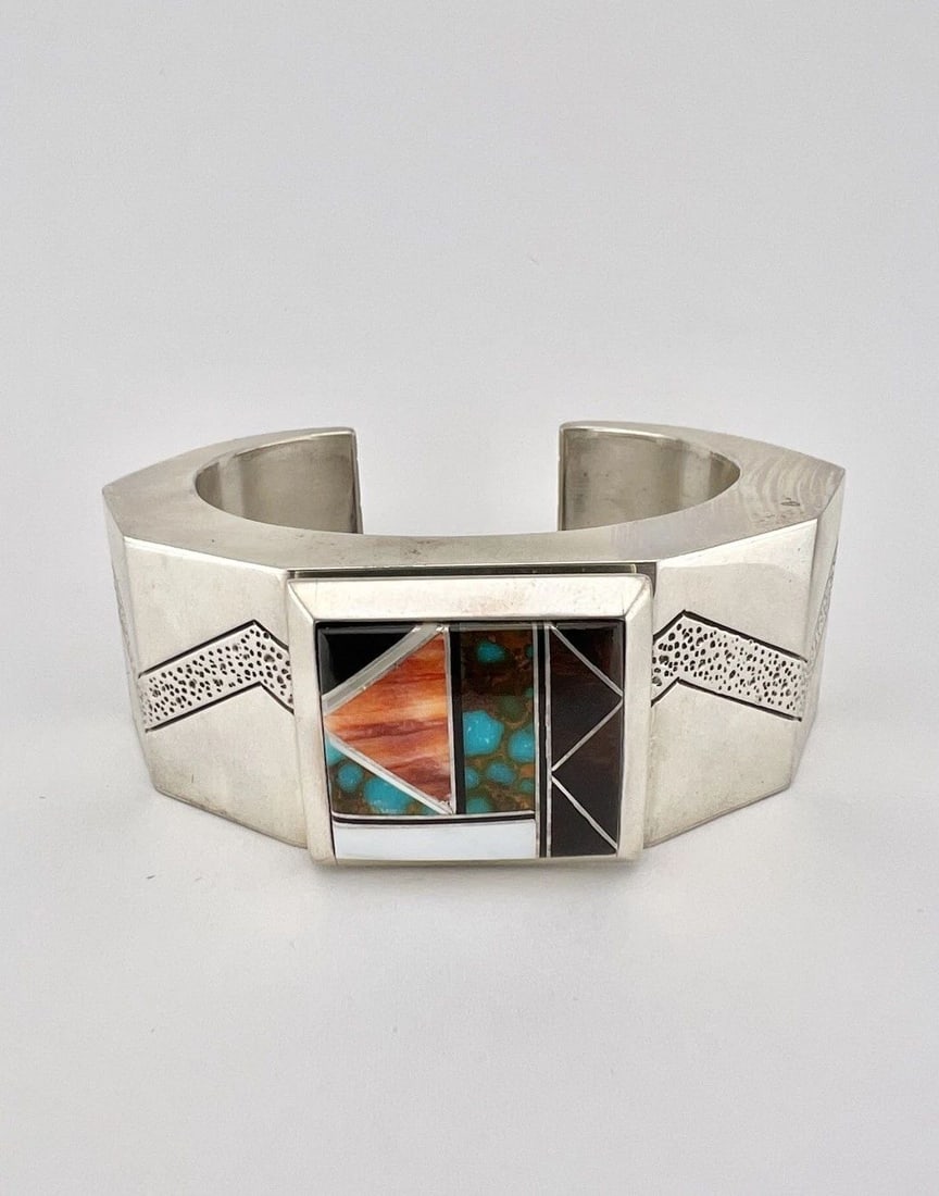CONTEMPORARY NAVAJO STERLING SILVER FLUSH MULTI GEMSTONE CUFF BRACELET 121G (1 of 2)