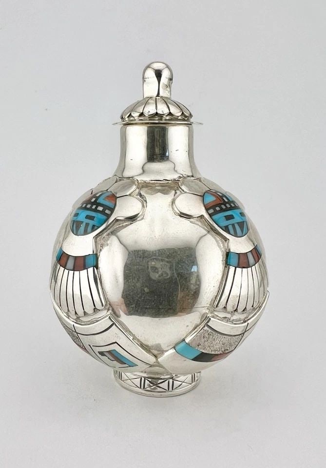 VTG NAVAJO STERLING SILVER MULTIGEM SUNFACE DETAILED STAMPED VASE JAR CONTAINER (1 of 2)