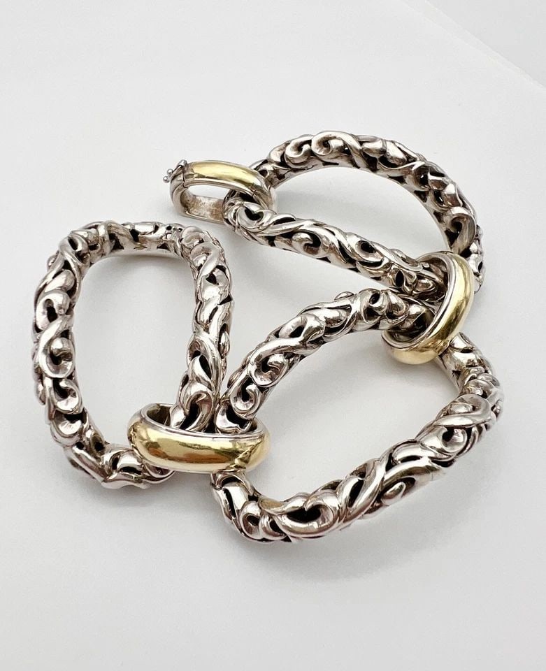 CHARLES KRYPELL STERLING SILVER & 14K & 18K GOLD WIDE SCROLL LINK BRACELET 84.5G (1 of 2)