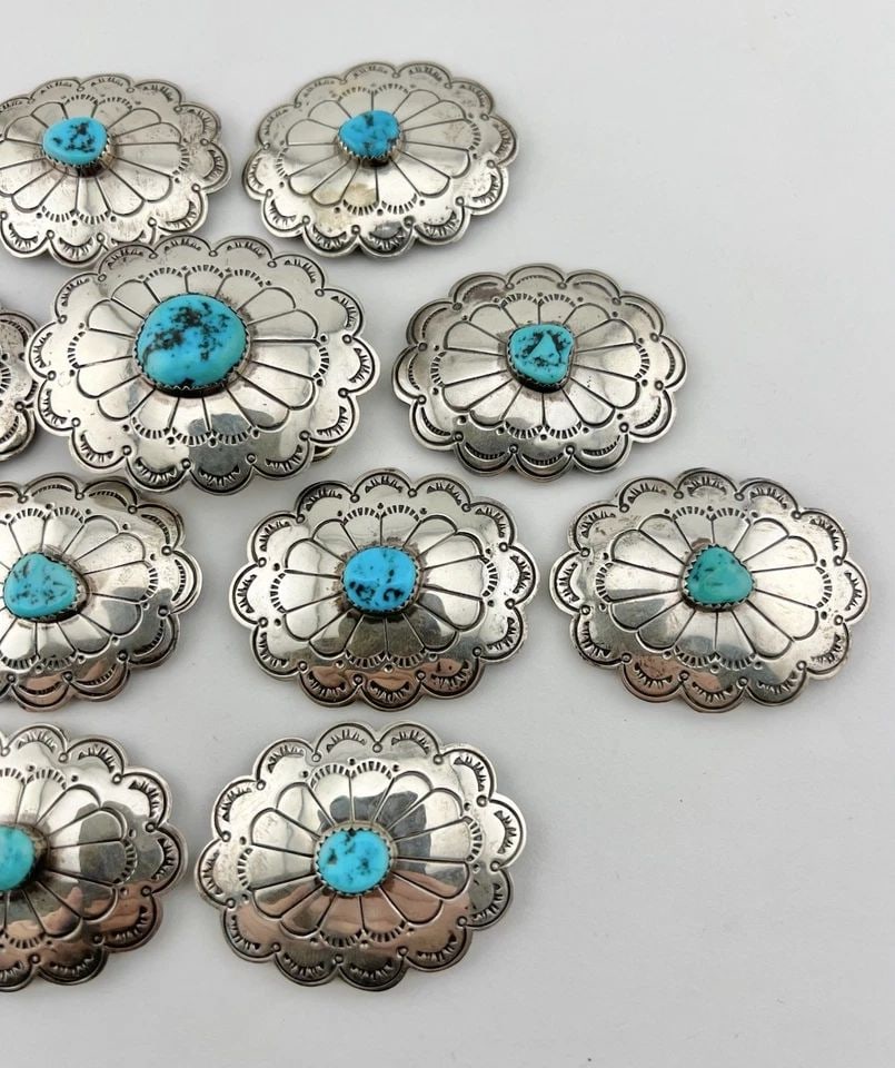 VINTAGE NAVAJO STERLING SILVER SLEEPING BEAUTY TURQUOISE STAMPED 11 CONCHO BELT: VINTAGE NAVAJO STERLING SILVER SLEEPING BEAUTY TURQUOISE STAMPED 11 CONCHO BELT Vintage Navajo Sterling Silver Sleeping Beauty Turquoise Stamped 11 Concho Belt Buckle Size: 2 1/8" Wide by 1 5/8" Tall 