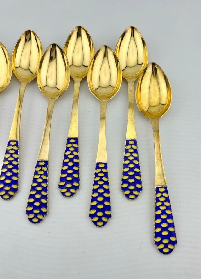 (9) VINTAGE RUSSIAN SOVIET 916 GILT SILVER BLUE & YELLOW ENAMEL SPOONS 214G (1 of 2)