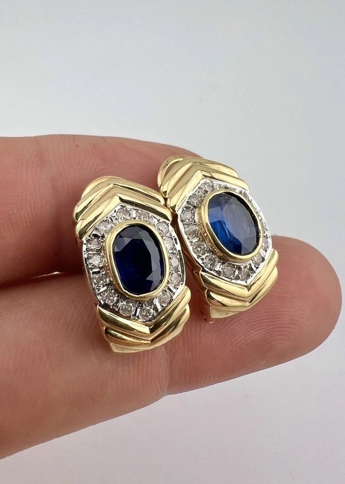 DESIGNER 14K YELLOW GOLD BLUE SAPPHIRE & DIAMOND HALO OMEGA BACK POST EARRINGS (1 of 2)