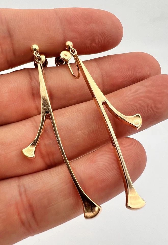BENT KNUDSEN DENMARK 14K YELLOW GOLD MODERNIST DANGLE EARRINGS 2 1/8": BENT KNUDSEN DENMARK 14K YELLOW GOLD MODERNIST DANGLE EARRINGS 2 1/8" Bent Knudsen Denmark 14k Yellow Gold Modernist Dangle Earrings 2 1/8" Size: 2 1/8" Tall With Dangle By 3/4" Wide Metal: 14k Yellow