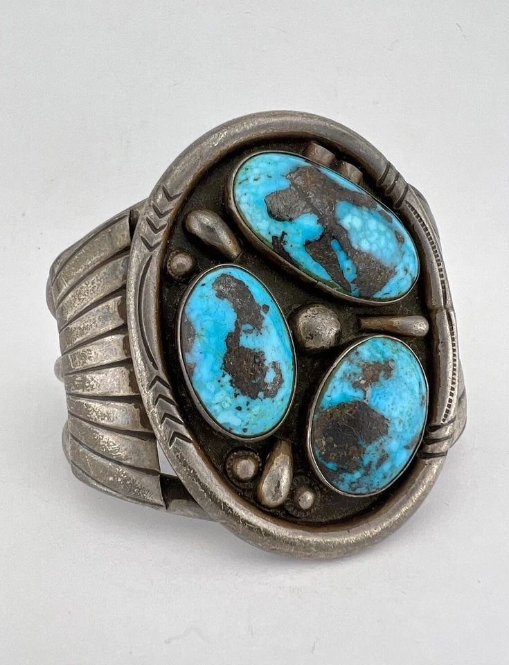 PHILLIP TSO NAVAJO STERLING SILVER BIRD EYE KINGMAN TURQUOISE CUFF BRACELET 107G (1 of 2)