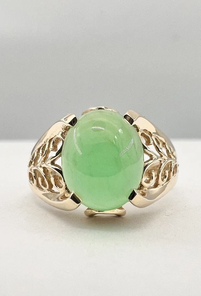 DESIGNER 14K YELLOW GOLD NATURAL CABOCHON ICY GREEN CHRYSOPRASE FILIGREE RING (1 of 2)