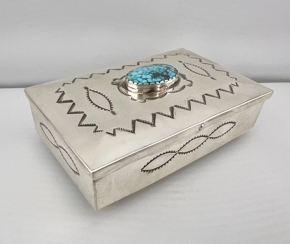 FRED HARVEY NAVAJO SPIDERWEB TURQUOISE STERLING SILVER STAMPED BOX 3 5/8"-112.9G (1 of 2)