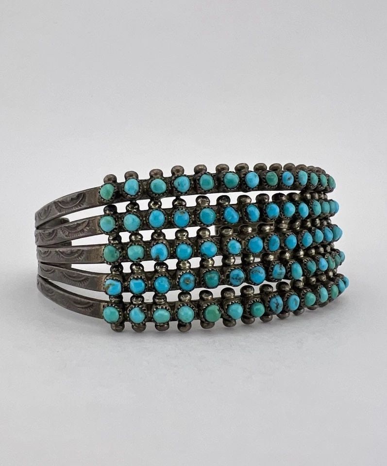 OLD 1930'S ZUNI STERLING SILVER TURQUOISE SNAKE EYE 5 ROW STAMPED CUFF BRACELET (1 of 2)