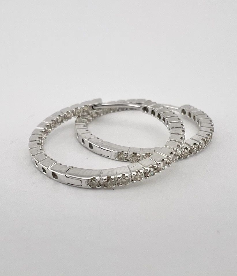 DESIGNER 14K WHITE GOLD .60TCW DIAMOND INSIDE OUT LARGE 7/8" HOOP EARRINGS (1 of 2)