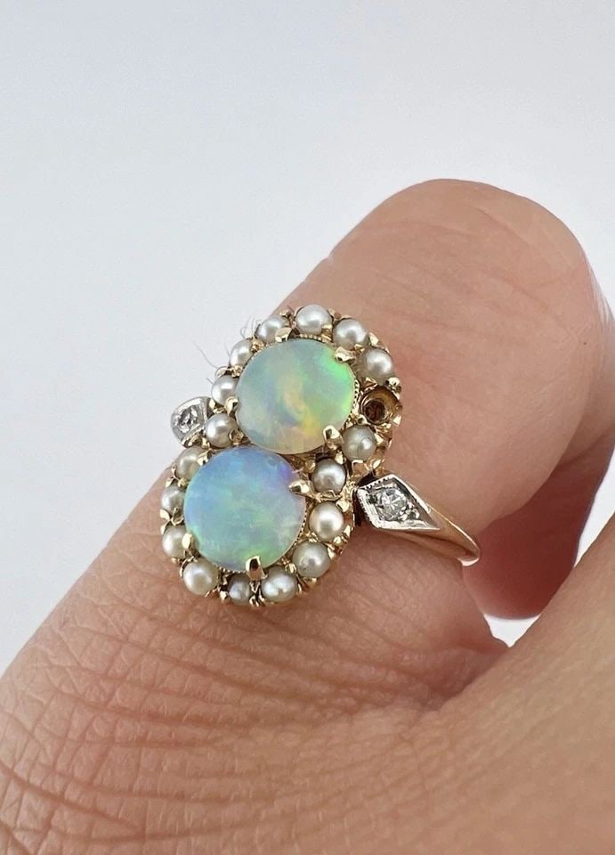 ANTIQUE VICTORIAN 14K YELLOW GOLD FIRE OPAL & SEED PEARL & DIAMOND HALO RING (1 of 2)