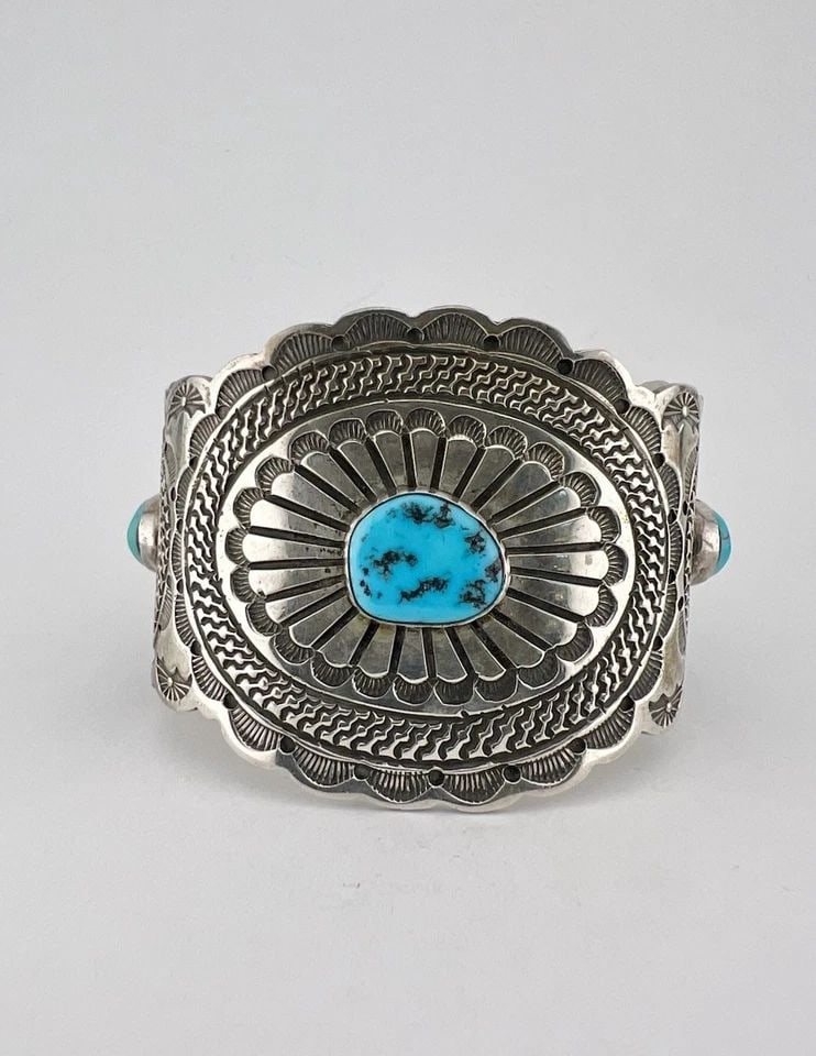 VTG NAVAJO STERLING SILVER SLEEPING BEAUTY TURQUOISE STAMPED CUFF BRACELET 96.6G: HUGE Vtg Navajo Sterling Silver Sleeping Beauty Turquoise Stamped Cuff Bracelet 96.6g Cuff is Just Under 6" tip to Tip and has a 1" Wide - Adjustable Gap Cuff Is 2 1/8" Wide In the Center Weight is 96