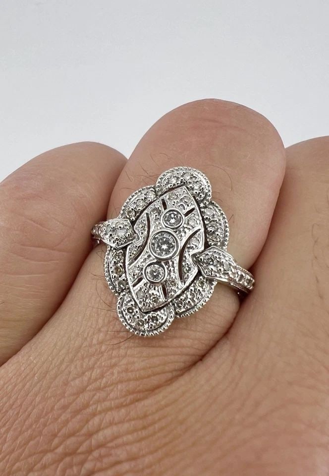DESIGNER 14K WHITE GOLD NATURAL PAVE SET DIAMOND FILIGREE NAVETTE BAND RING (1 of 2)