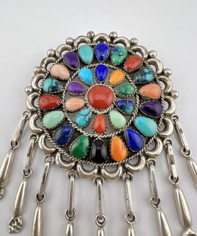 RARE PATSY WEEBOTHEE ZUNI STERLING SILVER MULTI GEMSTONE CLUSTER PIN PENDANT 4" (1 of 2)