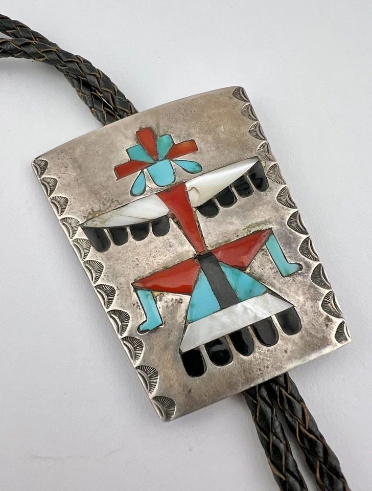 EARLY FRANK VACIT ATTRIBUTED ZUNI STERLING SILVER FLUSH KNIFEWING BOLO TIE: EARLY FRANK VACIT ATTRIBUTED ZUNI STERLING SILVER FLUSH KNIFEWING BOLO TIE Early Frank Vacit Attributed Zuni Sterling Silver Flush Knifewing Bolo Tie Size: Over 2 1/2" Tall by 2 1/4" Wide At The Top W