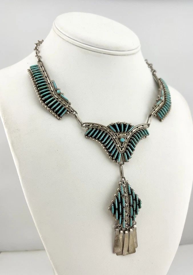 HUGE VTG RF ZUNI STERLING SILVER NEEDLE POINT TURQUOISE COLLAR DANGLE NECKLACE (1 of 2)