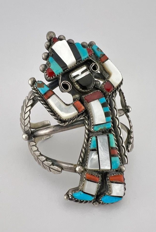 3.75" VTG ZUNI STERLING SILVER MULTI GEM RAINBOW MAN KACHINA CUFF BRACELET 79G (1 of 2)