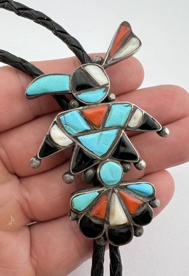 1940S FRANK VACIT ZUNI STERLING SILVER MULTI GEMSTONE THUNDERBIRD BOLO TIE 2.75": 1940S FRANK VACIT ZUNI STERLING SILVER MULTI GEMSTONE THUNDERBIRD BOLO TIE 2.75" Early Old Pawn 1940's Zuni Sterling Silver Multi Gemstone Thunderbird Bolo Tie 2.75" Size: 2 3/4" Tall by 1 7/8" Wide W