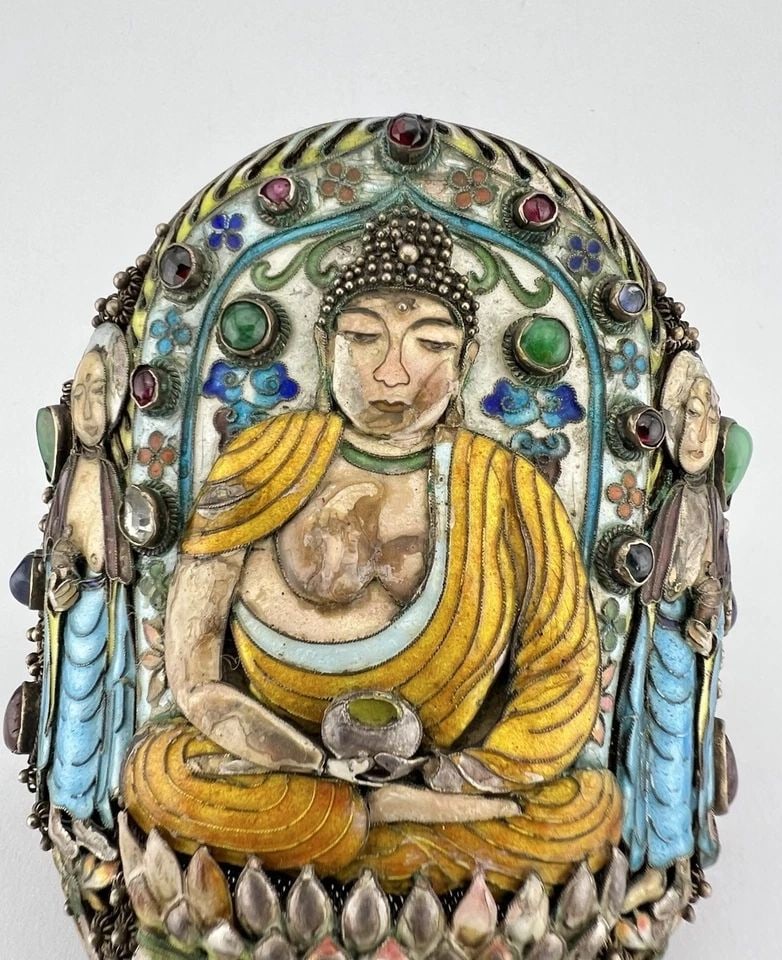 OLD CHINESE EXPORT SILVER FLORAL ENAMEL GEMSTONE BUDHA GOD CUFF BRACELET 93.3G (1 of 2)