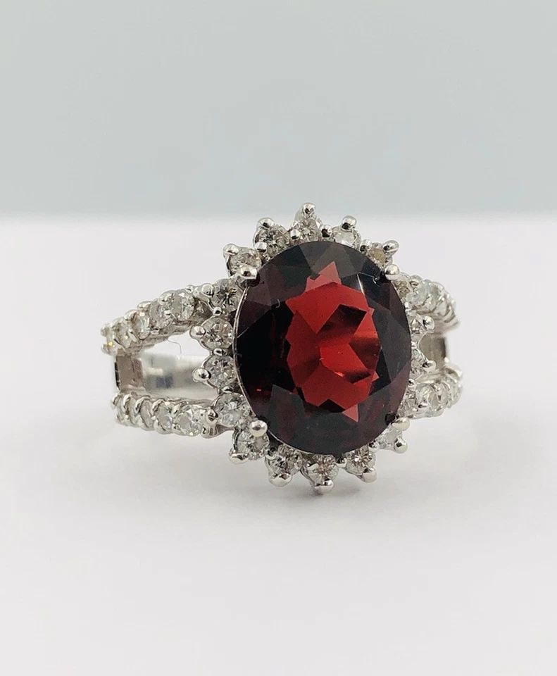 FINE 14K WHITE GOLD 5.00CT OVAL GARNET 1.20CT ROUND DIAMOND HALO RING (1 of 2)