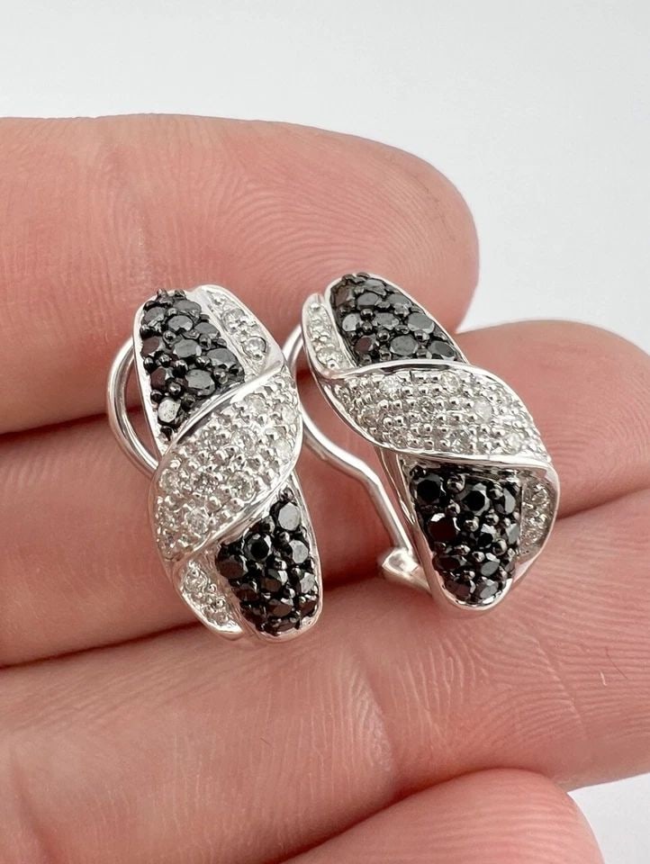 14K WHITE GOLD BLACK & WHITE DIAMOND PAVE SET OMEGA BACK POST INFINITY EARRINGS (1 of 2)