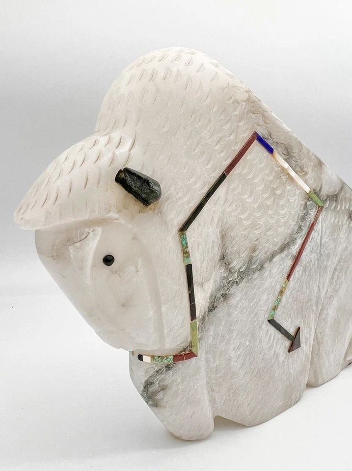 25LB ANDY ROBERTA ABEITA PUEBLO ISLETA ALABASTER FETISH CARVED BUFFALO BISON 14" (1 of 2)