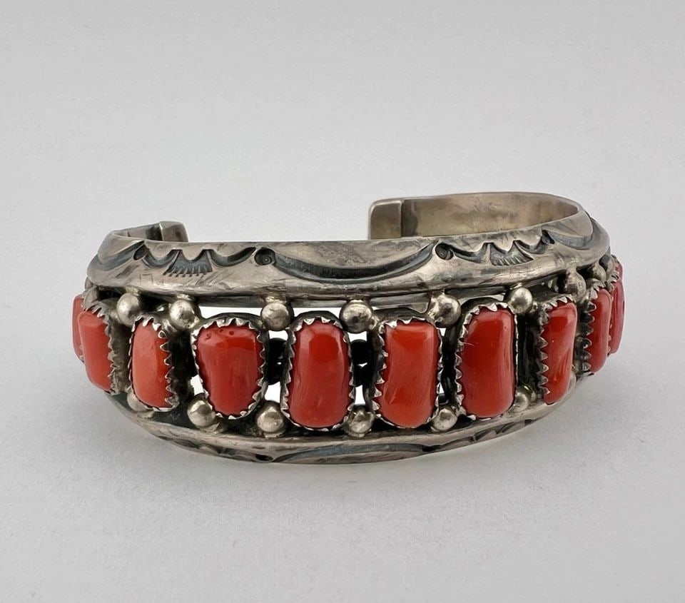 VTG PM NAVAJO STERLING SILVER MEDITERRANEAN CORAL STAMPED CUFF BRACELET 69.6G: VTG PM NAVAJO STERLING SILVER MEDITERRANEAN CORAL STAMPED CUFF BRACELET 69.6G Vtg PM Navajo Sterling Silver Mediterranean Red Coral Stamped Cuff Bracelet 69.6g Cuff is Just Under 5" tip to Tip and has