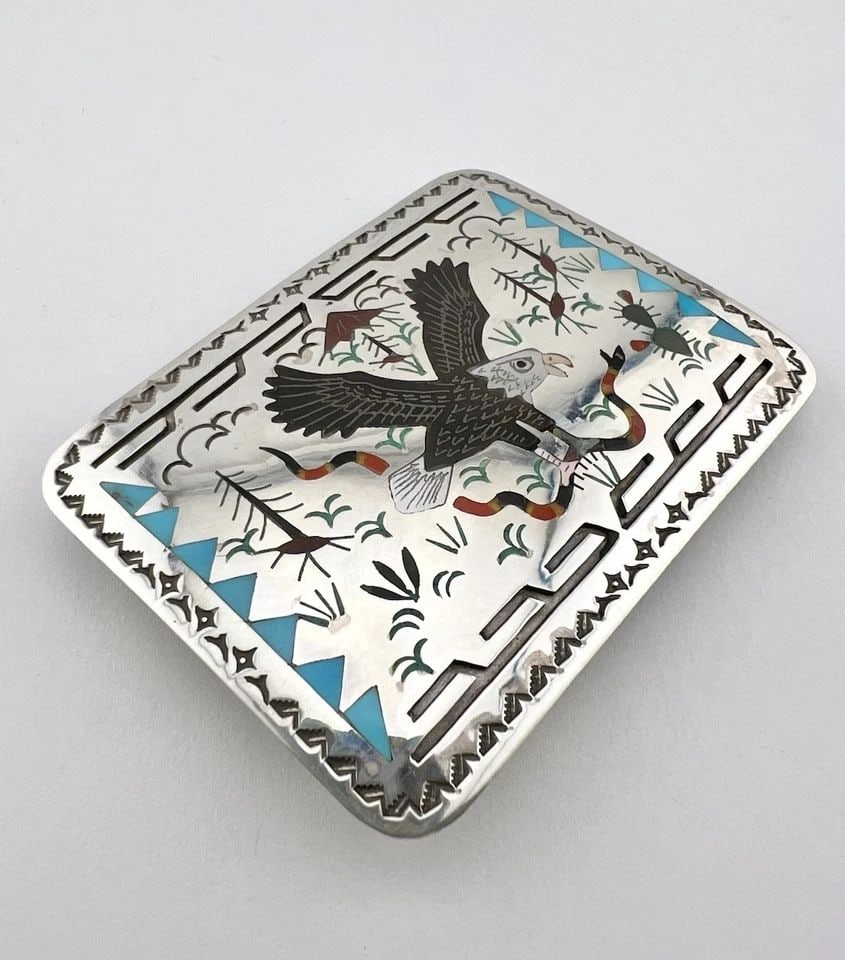 SAMMY & ESTHER GUARDIAN ZUNI FLUSH STONE INLAY SNAKE & EAGLE BELT BUCKLE 2.75" (1 of 2)