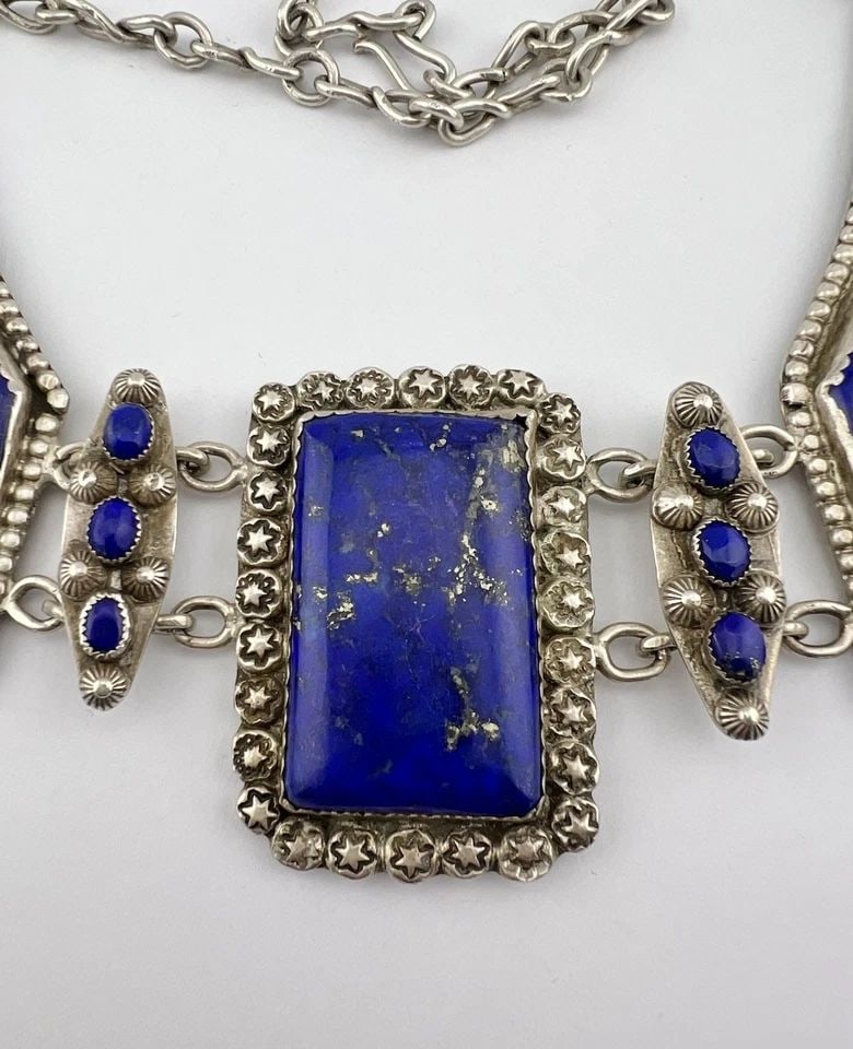HUGE VTG NAVAJO STERLING SILVER LAPIS LAZULI STAMPED BIB COLLAR NECKLACE 167G (1 of 2)