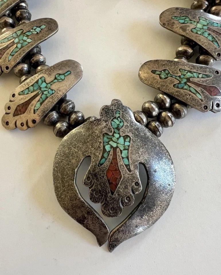 NAVAJO STERLING SILVER CHIP TURQUOISE CORAL PEYOTE BIRD SQUASH BLOSSOM NECKLACE (1 of 2)